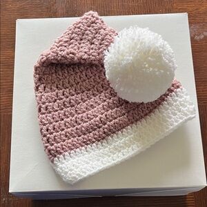 NWNT Holiday Pink and White Crochet Beanie with Pom Pom